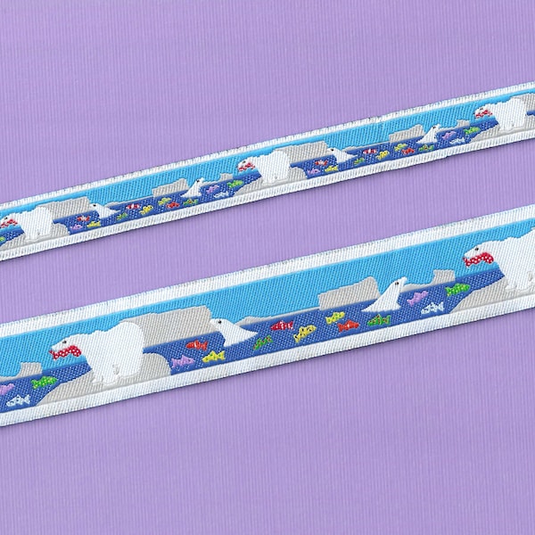 RDS 20-B Jacquard Ribbon Polyester Trim, Blue Background w/White Polar Bears Fishing, Bright Colored Fish! Choose Width/Length