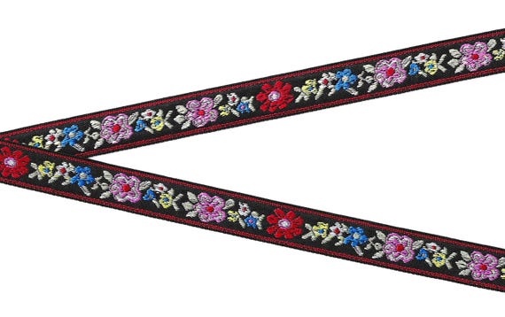 FLORAL D-80-A Jacquard Ribbon Poly Trim 3/4" wide (20mm) Black w/Pink & Red Flowers