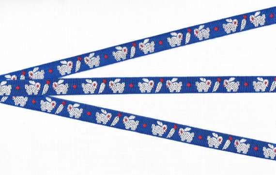 ANIMALS/Farm B-01-B Jacquard Ribbon Poly/Cotton Trim 1/2" wide (13mm) Royal Blue w/White Bunny Rabbits & Carrots, Red Accents