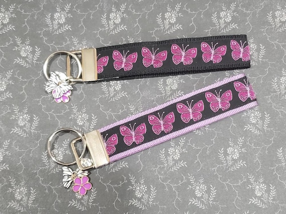Jacquard Ribbon/Nylon Web 1" wide (25mm) Key Fobs, Magenta & Lilac Butterflies, Charms, Keychain, Key Wristlet, Luggage Tags, 5.5" long