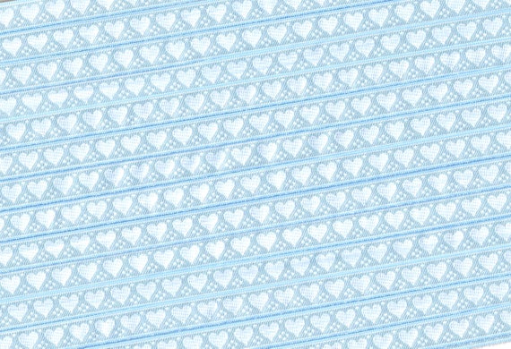 HEARTS/FLOWERS A-08-D Jacquard Ribbon Polyester Trim 3/8" wide (9mm) Sky Blue Background with Petite White Hearts & Mini Polka Dots