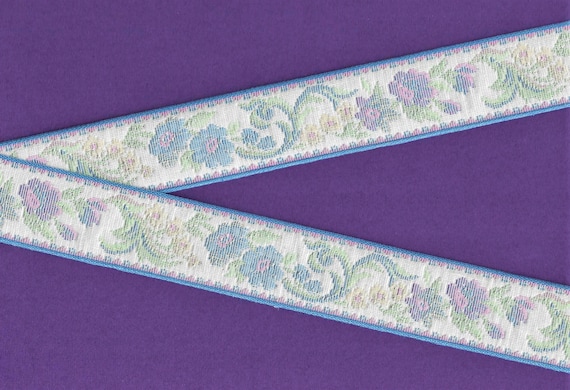 FLORAL TAPESTRY H-09-H Jacquard Ribbon Cotton Trim 1-1/2" wide (38mm) White w/Blue Border, Multi-Colored Flowers, Green Leaves