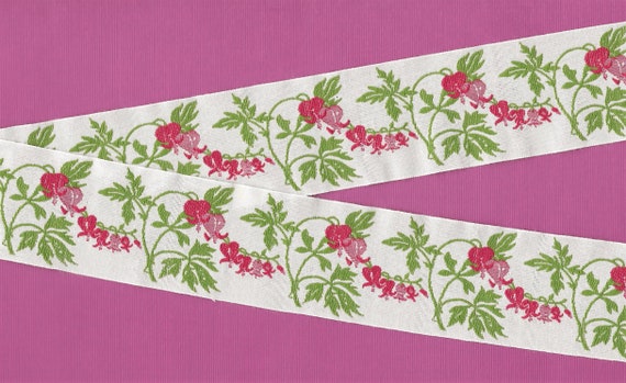 KAFKA H-07/02 Jacquard Ribbon Woven Organic Cotton Trim 1-1/2" wide (38mm) White w/Hanging Pink & Red Crying Heart Flowers, Per Yard