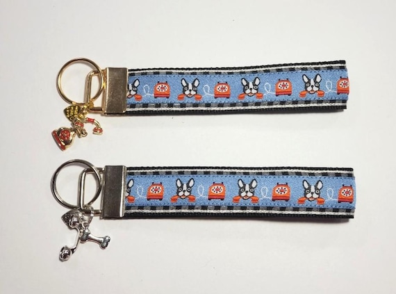 DOGS Jacquard Ribbon/Nylon Web 1" wide (25mm) Key Fobs BOSTON TERRIER on the Phone w/Charms, Keychain, Wristlet, Luggage Tags 5.5" long