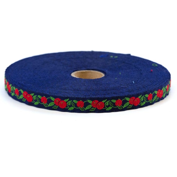 KAFKA A-09/19 Jacquard Ribbon Organic Cotton Woven Trim 3/8" wide (9mm) Navy Background, Small Red Apples (or Cherries) Green Stems & Leaves
