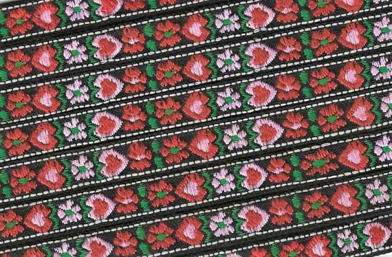 HEARTS/FLOWERS B-14-F Jacquard Ribbon Cotton Trim 1/2" wide (13mm) Black Background w/Red & Pink Hearts/Flowers, Green Accents