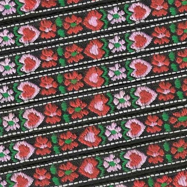 HEARTS/FLOWERS B-14-F Jacquard Ribbon Cotton Trim 1/2" wide (13mm) Black Background w/Red & Pink Hearts/Flowers, Green Accents