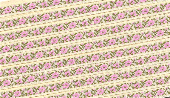 FLORAL A-05-D Jacquard Ribbon Poly Trim 5/16" wide (7mm) Cream w/Pink Flowers, Olive Green Leaves