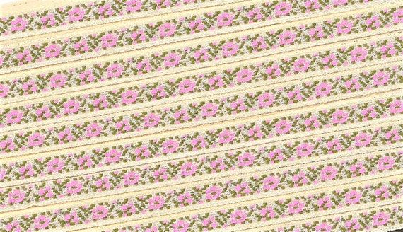 FLORAL A-05-D Jacquard Ribbon Polyester Trim 5/16" wide Made in France, Peachy Cream Background w/Pink Flowers, Olive Green Leaves