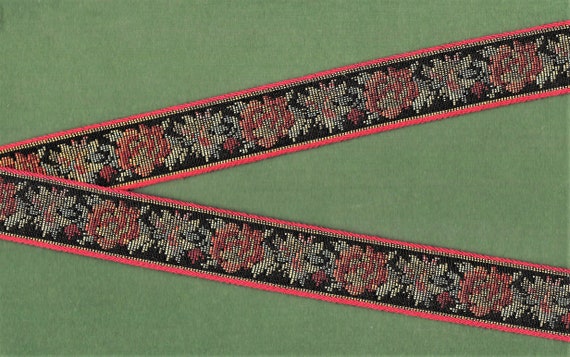 FLORAL TAPESTRY F-21-G Jacquard Ribbon Cotton Trim 1-1/8" wide (28mm) "Petit Point" Design in Black, Red, Peach, Gold, Olive Green