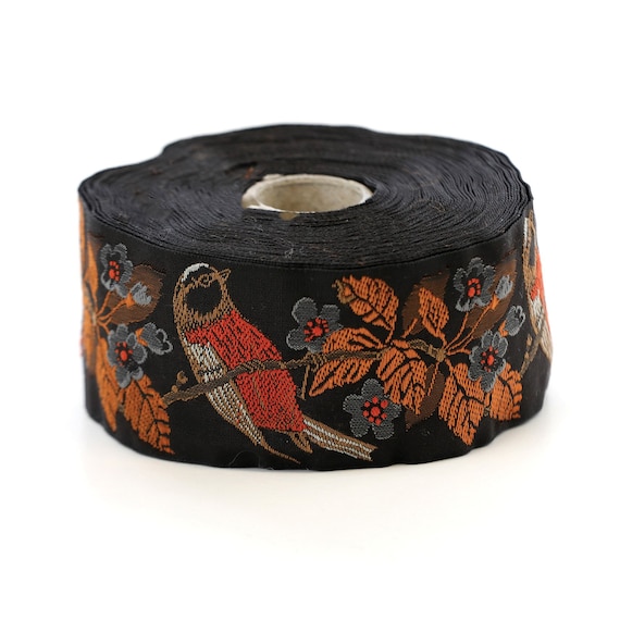 KAFKA H-12/07 Jacquard Ribbon Organic Cotton Trim 1-1/2" wide (38mm) Brown w/Orange/Tan/Rust Titmouse Bird, Gray Cherry Blossoms