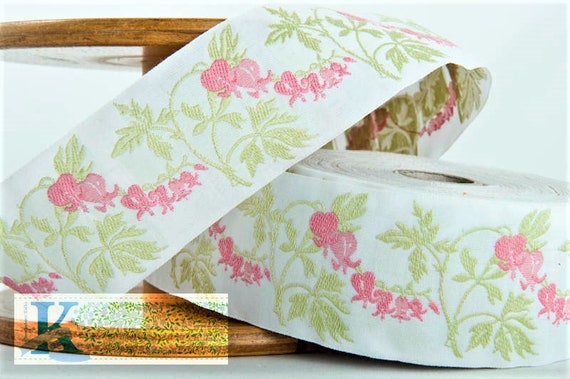 KAFKA H-07/01 Jacquard Ribbon Cotton Trim, 1-1/2" wide (38mm) From Germany, Hanging Pink "Crying Heart" Flowers on White, Per Yard