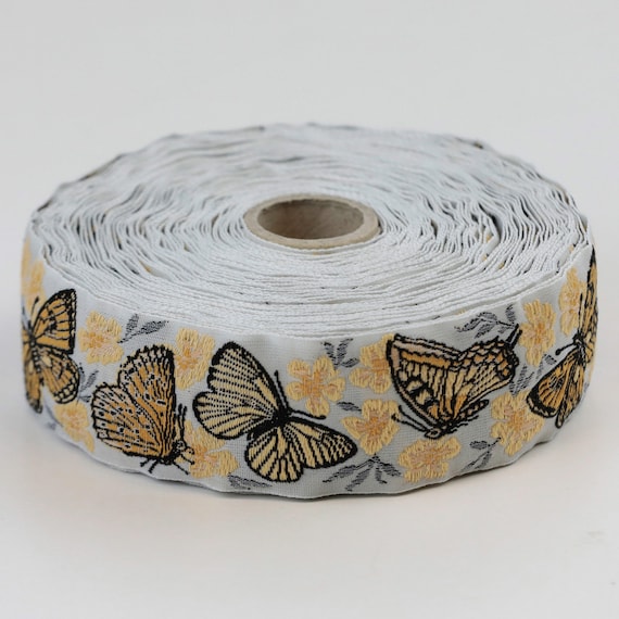 KAFKA G-22/05 Jacquard Ribbon Woven Organic Cotton Trim 1-1/4" wide (32mm) Lt Gray with Black/Tan/Yellow Butterflies, Yellow & Tan Blossoms