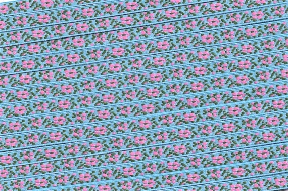FLORAL A-05-T Jacquard Ribbon Poly Trim 1/4" wide (6mm) Turquoise w/Petite Pink Flowers, Green Leaves