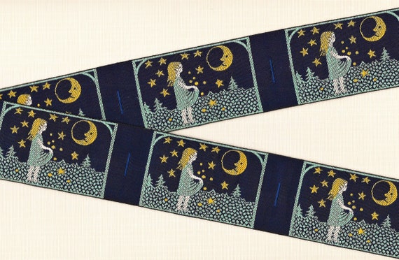 KAFKA H-09/04 Jacquard Ribbon Woven Organic Cotton Trim 1-5/8" wide (40mm) "Stargazer" Little Girl w/Apron, Blue w/Yellow Stars & Moon
