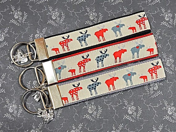 Jacquard Ribbon/Nylon Web 1" wide (25mm) Key Fobs, Gray & Red Moose w/Charms, Keychain, Wristlet, Luggage Tags 5.5" long, Zipper Pulls