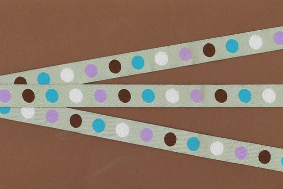 POLKA DOTS C-24-A Jacquard Ribbon Trim, Poly, 5/8" Wide, Grey Background w/Turquoise, Chocolate Brown, White & Lilac Dots