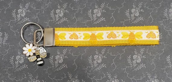 Jacquard Ribbon/Nylon Web 3/4" wide (20mm) Key Fobs (French) Yellow Web Bees w/Bee Hives, Charms, Keychain, Wristlet, Luggage Tags 5.5" long