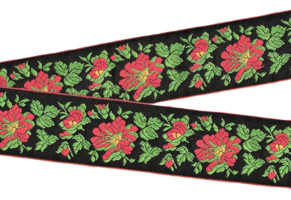 FLORAL J-22-C Jacquard Ribbon Cotton Trim 1-7/8" wide (48mm) VINTAGE, Black w/Large Red Flowers