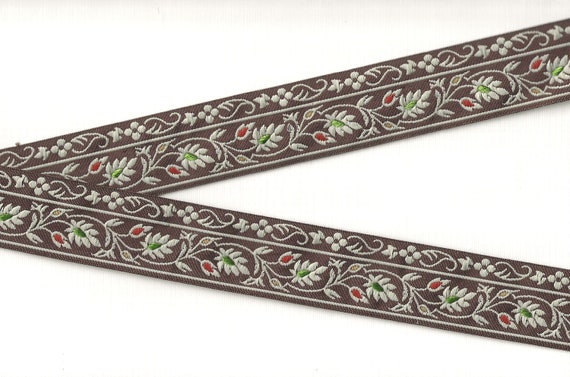 FLORAL G-11-B Jacquard Ribbon Polyester Trim 1-3/8" wide (34mm) Made in France Brown w/Ivory Scrolls/Leaves/Vines, Green/Red/Gold Accents