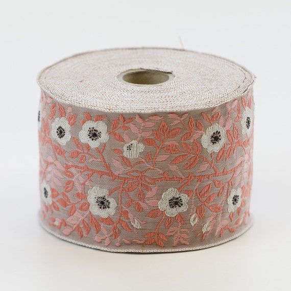 KAFKA L-01/44 Jacquard Ribbon Woven Organic Cotton Trim 2-3/8" wide (60mm) Beige w/Cream & Brown Dog Roses, 2-Tone Apricot Leaves