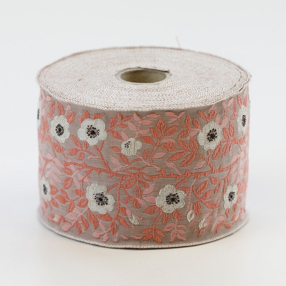 KAFKA L-01/44 Jacquard Ribbon Woven Organic Cotton Trim 2-3/8" wide (60mm) Beige w/Cream & Brown Wild Roses, Apricot Leaves