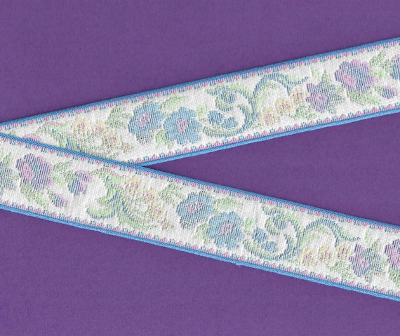 FLORAL TAPESTRY M-08-B Jacquard Ribbon Cotton Trim 2-1/8" wide (54mm) White w/Blue Borders, Blue, Pink & Yellow Flowers, Green Leaves