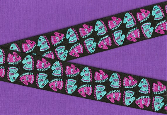 VINTAGE NOVELTY K-14-A Jacquard Ribbon Cotton Trim, 2" Wide (50mm) Black Background w/Purple & Turquoise Horse Chess Pieces, 1yd REMNANT