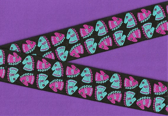 VINTAGE NOVELTY K-14-A Jacquard Ribbon Cotton Trim, 2" Wide (50mm) Black Background w/Purple & Turquoise Horse Chess Pieces, 1yd REMNANT