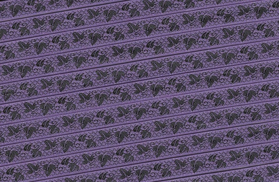 FLORAL A-94-A Jacquard Ribbon Polyester Trim 3/8" wide (9mm) Made in France, Purple Background w/Black Leaves & Vines