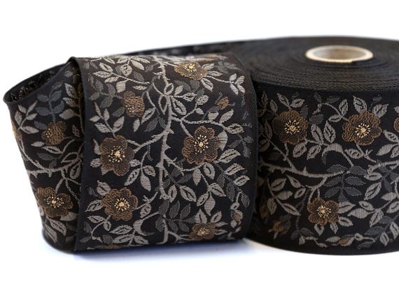 KAFKA L-01/36 Jacquard Ribbon Organic Cotton Trim 2-3/8" wide (60mm) Black w/Brown Dog Roses