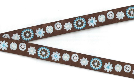 FLORAL E-01-F Jacquard Ribbon Polyester Trim 7/8" wide (22mm) Brown Background w/Blue/Turquoise/White/Brown MOD Retro Flowers, Per Yard