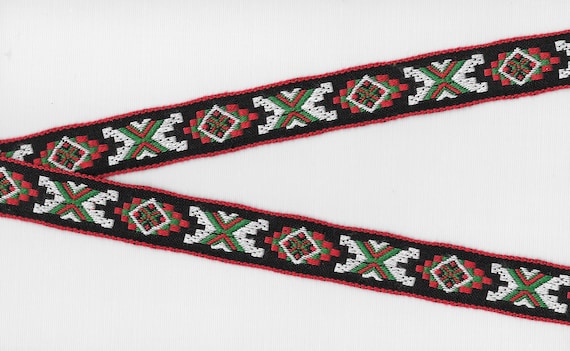 HOLIDAY E-01-J Jacquard Ribbon Cotton Trim 7/8" wide (22mm) Black w/Red, Green & White Blue "X" Native Pattern, Holiday Colors