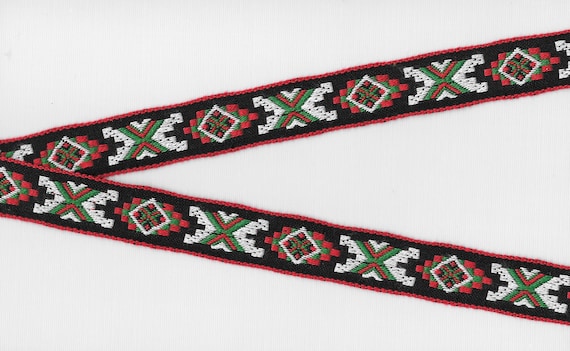 HOLIDAY E-01-J Jacquard Ribbon Cotton Trim 7/8" wide (22mm) Black w/Red, Green & White Blue "X" Native Pattern, Holiday Colors, Per Yard