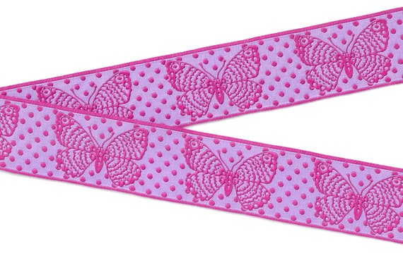 INSECTS H-04-B Jacquard Ribbon Polyester Trim 1-1/2" Wide (38mm) Lilac & Hot Pink Polka Dots w/Large Hot Pink Butterflies