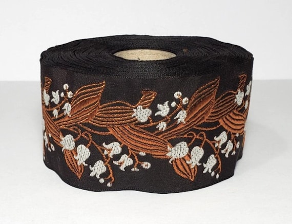 KAFKA H-02/17 Jacquard Ribbon Organic Cotton Trim 1-1/2" wide (38mm) Dark Brown w/Ivory Lilies of the Valley