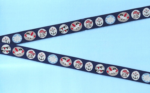 CHILDREN's NAUTICAL C-21-A Jacquard Ribbon Poly Trim 5/8" wide (16mm) Navy w/Nautical Emblems