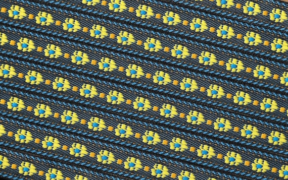 FLORAL C-22 Jacquard Ribbon Poly Trim 5/8" wide (16mm) Denim Blue Background Blue "Rope" Border Yellow Flowers, Lt Orange Accents