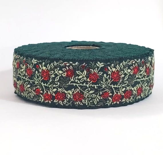 KAFKA F-02/27 Jacquard Ribbon Woven Organic Cotton Trim 1" wide (25mm) Christmas Green Iridescent Metallic Red Dog Roses, Green Vines/Leaves