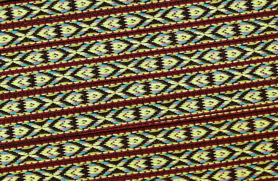 NATIVE AMERICAN A-07-C Jacquard Ribbon Polyester Trim 7/16" wide (12mm) Brown w/Red. Blue, Lilac, Gray & Lime Green Diamond Design