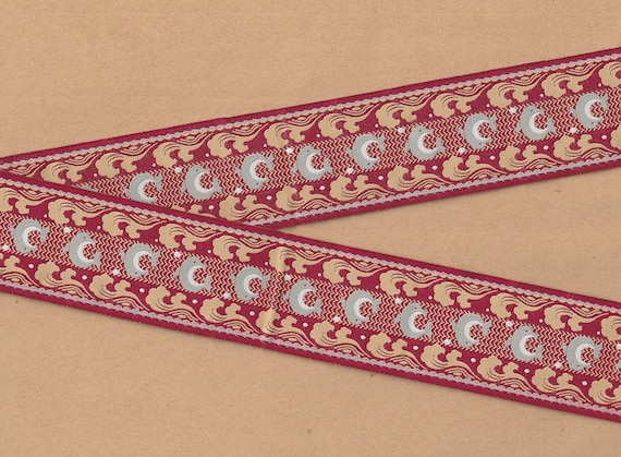 ANIMALS/Water J-01-A Jacquard Ribbon Poly Trim 1-7/8" wide (48mm) Red Background with Gray Dolphins, Beige "Waves"