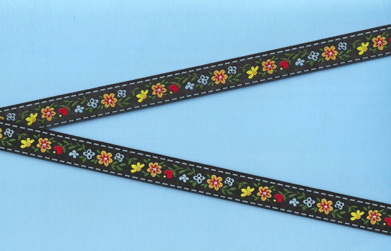 Floral C-17-E Jacquard Ribbon Polyester Trim 5/8" wide (16mm) Black Background, Yellow/Orange/Blue Flowers, Red Hearts & Olive Green Leaves