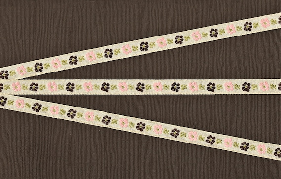 FLORAL B-30-D Jacquard Ribbon Cotton Trim 7/16" wide VINTAGE Warm Ivory Background w/Brown & Peach Flowers, Olive Green Leaves