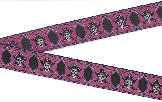 NOVELTY/Skulls H-01-A Jacquard Ribbon Poly Trim 1-1/2" wide (38mm) Pink/Purple w/Pirate & Cutlasses