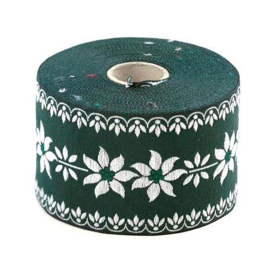 KAFKA K-08/06 Jacquard Ribbon Organic Cotton Trim 2" wide (50mm) Dark Green w/White Edelweiss Flowers