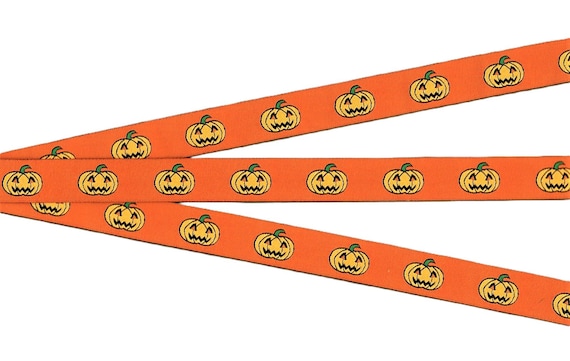 HALLOWEEN C-01-A Jacquard Ribbon Poly Trim 5/8" wide (16mm) Jack-'O-Lanterns on Orange