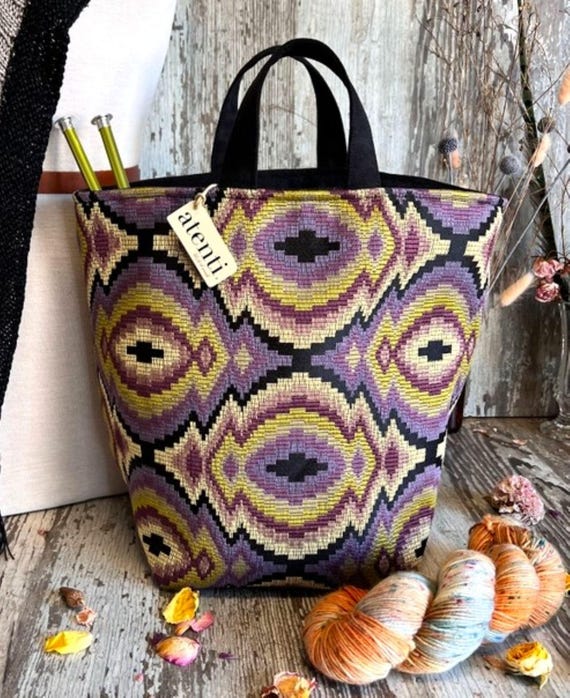 ATENTI "ZIGGY" Purple, Lilac & Avocado, Hope Basket Needle Arts/Knitting Project Bag, Handmade USA