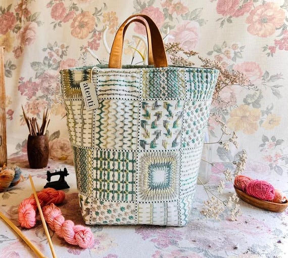 ATENTI Handmade Bags "LILY" Tapestry Pattern in Ivory & Green, Hope Basket Organizer, Needle Arts/Knitting Bag, Diaper Bag, USA Made