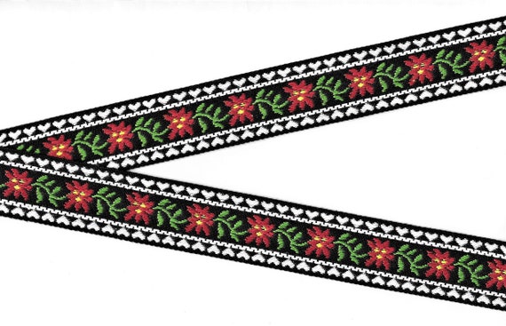 FLORAL G-29-B Jacquard Ribbon Cotton Trim 1-1/8" wide (28mm) VINTAGE Nordic Design Black w/White Borders Red Flowers Green Leaves, Per Yard