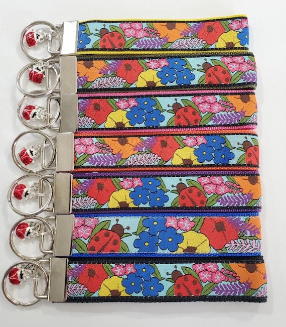 FLORAL Jacquard Ribbon/Nylon Web 1" wide (25mm) Key Fobs, Alaska Floral w/Charms, Keychain, Key Wristlet, Luggage Tags, 5.5" long